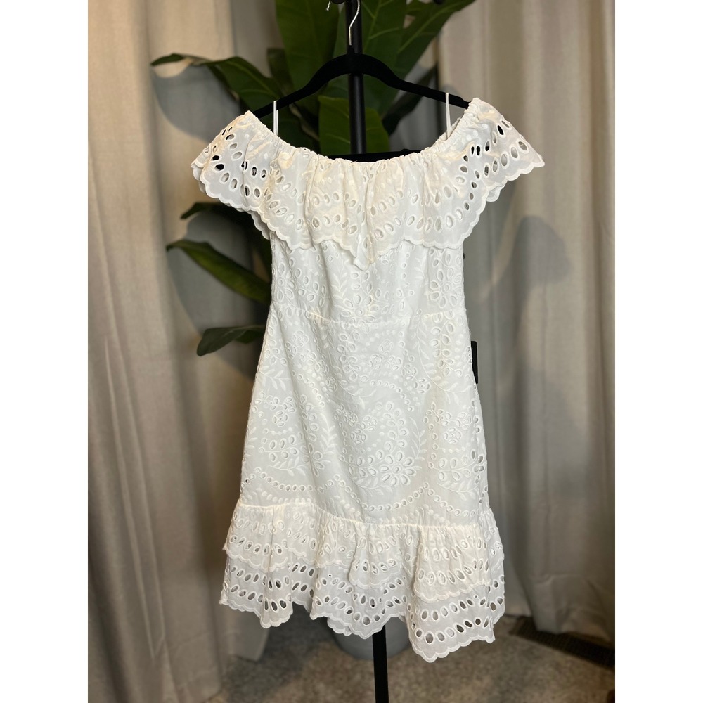 Express White Floral Eyelet Off-the-Shoulder Ruffle Mini Dress XS NEW